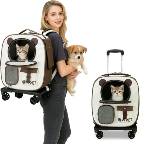 ManyFun Pet Backpack with Wheels, Comfort Cat Backpack Removable Rolling Wheels, Pet Rolling Carrier, Dog Backpack Great for Travel/Hiking/Outdoor Use(Brown)