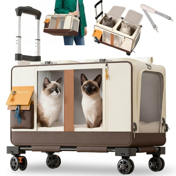ManyFun Pet Trolley Case for Cat Dogs Foldable Pets Soft Sided Carriers with Four Wheels Cats Rolling Carrier Telescopic Handle and Shoulder Strap (Beige Brown)