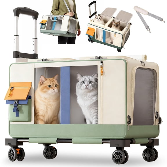 ManyFun Pet Trolley Case for Cat Dogs Foldable Pets Soft Sided Carriers with Four Wheels Cats Rolling Carrier Telescopic Handle and Shoulder Strap (Beige Green)