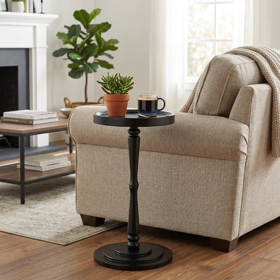 ManyFun Round Side Table, Wood Drink Table for Small Spaces, Round End Table for Living Room, Bedroom, Sofa Couch, Corners (Black,Spindle-shaped)