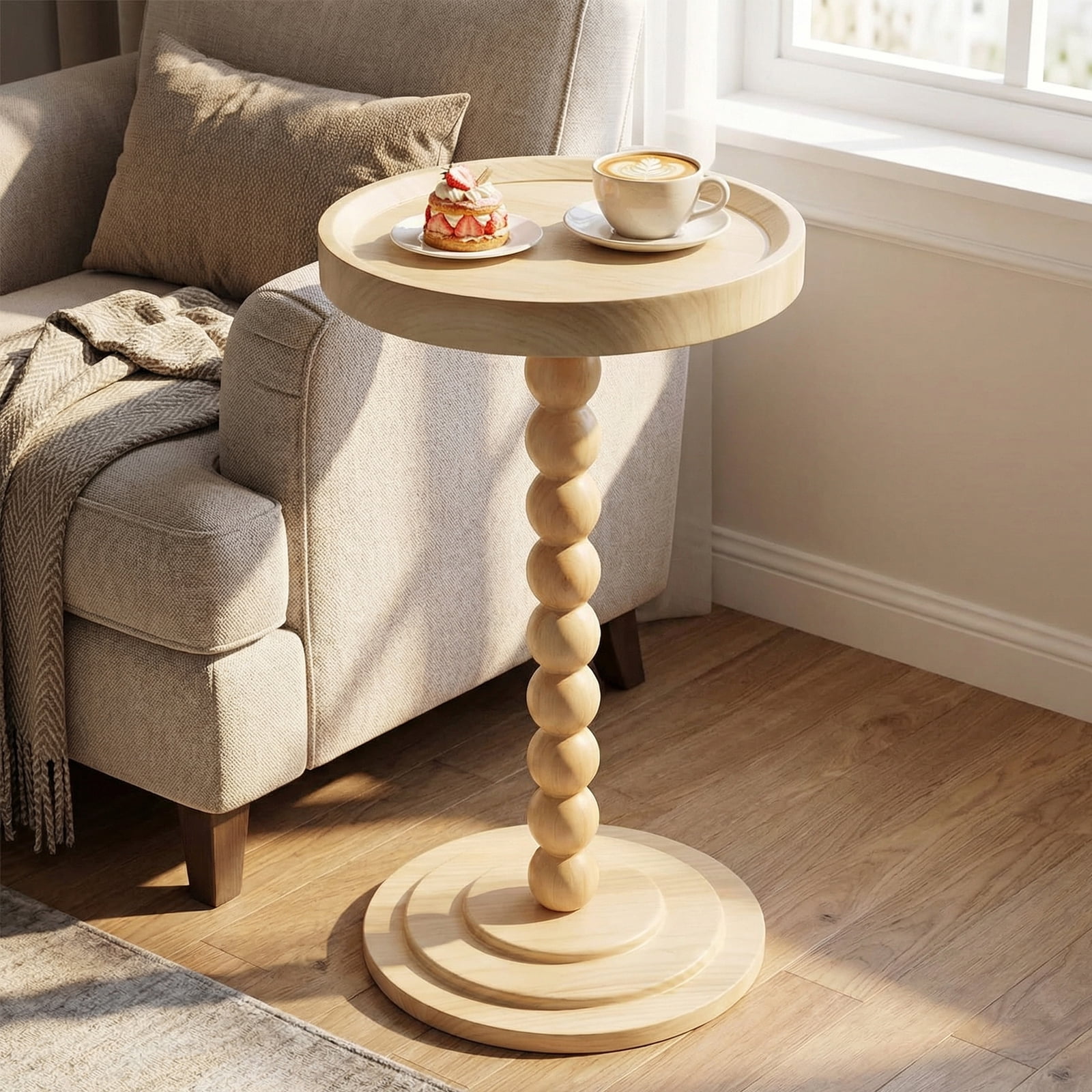ManyFun Round Side Table, Wood Drink Table for Small Spaces, Round End Table for Living Room, Bedroom, Sofa Couch, Corners (Natural wood )