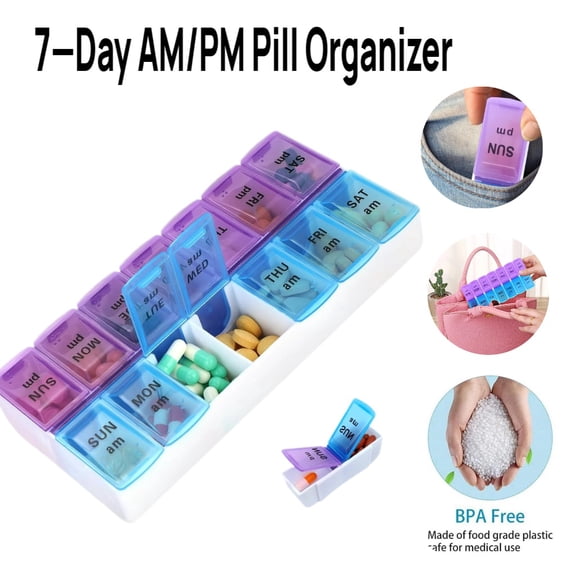 ManyFun Weekly Pill Organizer 2 Times A Day 7 Day Pill Box Holder Large Daily Medicine Organizer Travel Pill Case Pill Container (2 Times Blue+Purple)