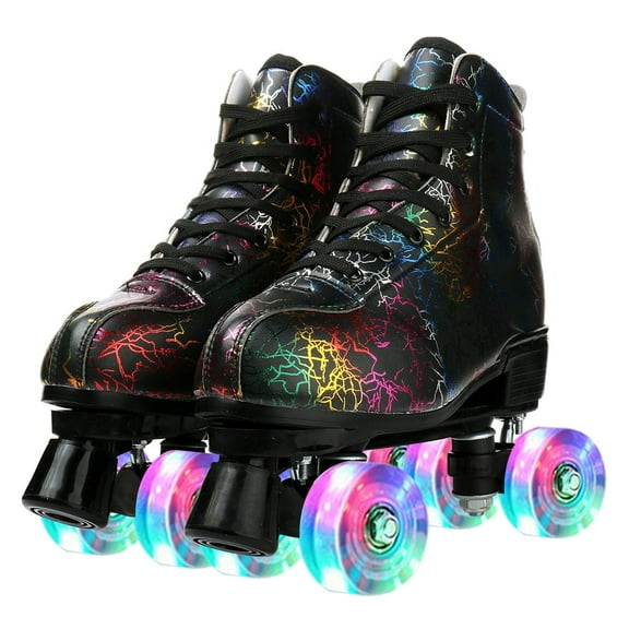 ManyFun Womens Girls Boys Black Roller Skates Adult Light up Quad Skates(Women 8/Men 7)