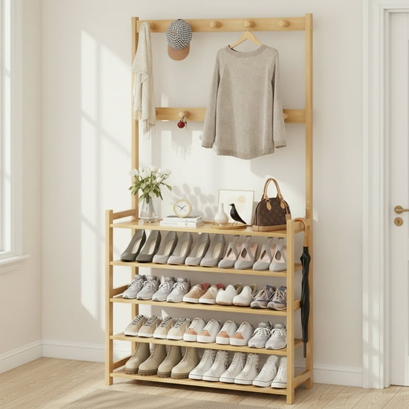 ManyFun Wood Shoe and Coat Rack,4 Tier Coat and Shoe Storage,Clothes Rack with Shelves,Garment Rack with 10 Hooks for Entryway Hallway Bedroom Living,Walnut