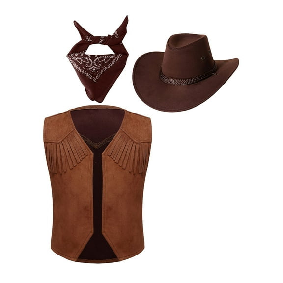 Manyakai 3PCS Kids Western Cowboy Vest with Bandanna and Cowboy Hat Set for Halloween Party Dress Up Brown 4