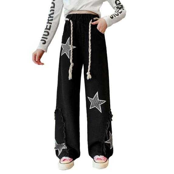 Manyakai Big Kids Girls' Casual Wide Leg Baggy Ripped Jeans Youth Cool Loose Fit Distressed Star Black 120