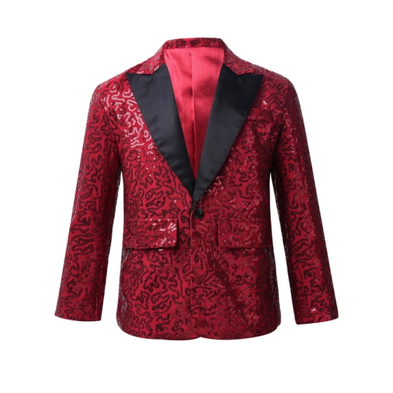 Manyakai Boy's Shiny Sequins Tuxedo Suit Jacket Party Prom Wedding Blazer Jackets Slim Fit Formal Burgundy 6