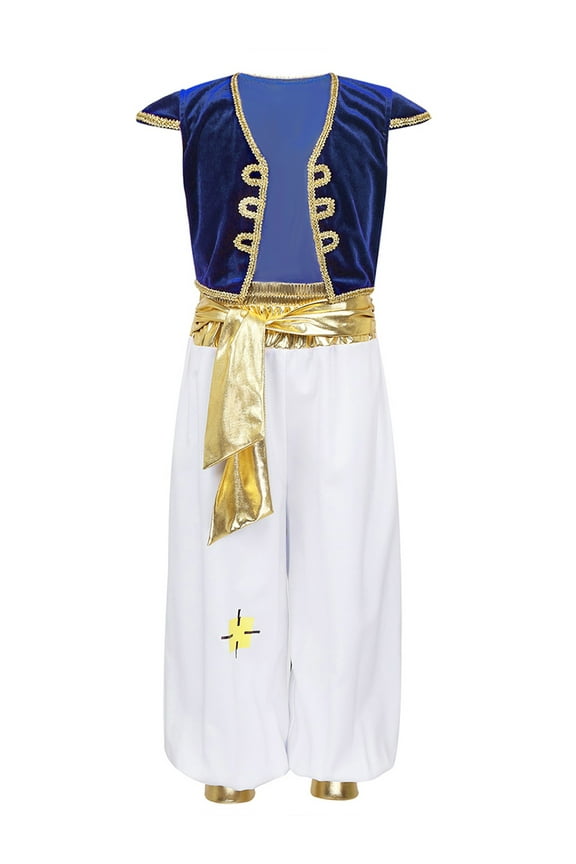 Boys Arabian Prince Uniform Halloween Party Street Rat Suit Kids Velvet Waistcoat Pants Set Royal Blue 6