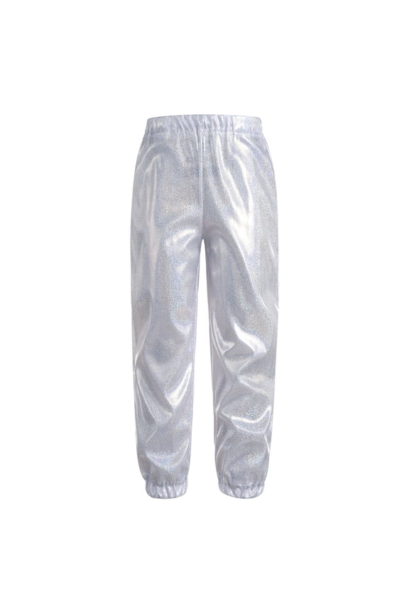Boys Girls Shiny Metallic Dance Pants Leggings Glittery Trousers Bell Bottoms Jazz Hip Hop Silver 140