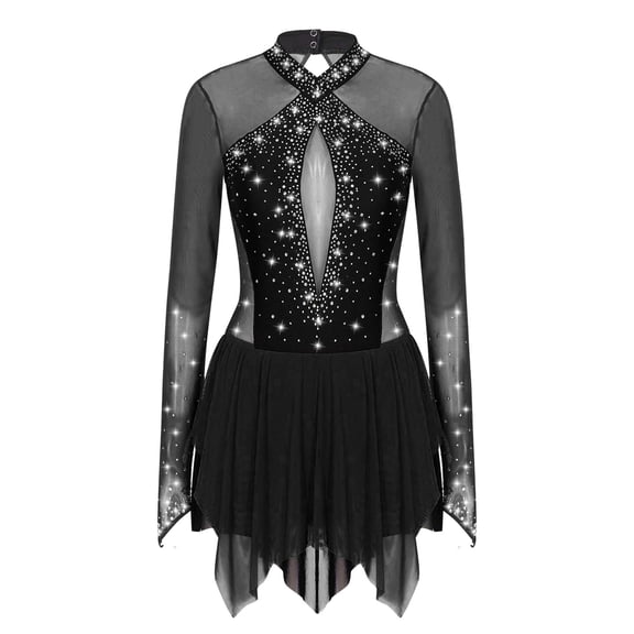 Manyakai Figure Ice Skating Dress for Women Sparkling Rhinestone Competition Practice Lyrical Ballet Black S