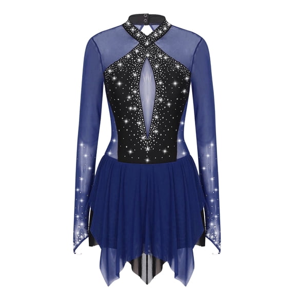Manyakai Figure Ice Skating Dress for Women Sparkling Rhinestone Competition Practice Lyrical Ballet Navy Blue L