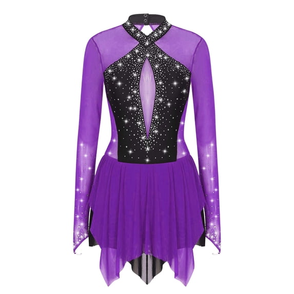 Manyakai Figure Ice Skating Dress for Women Sparkling Rhinestone Competition Practice Lyrical Ballet Purple M