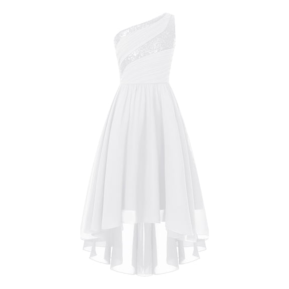 Manyakai Flower Girl High Low Wedding Dress Kids Sequin One Shoulder Ruched Party Pageant Prom Gown Silver 16