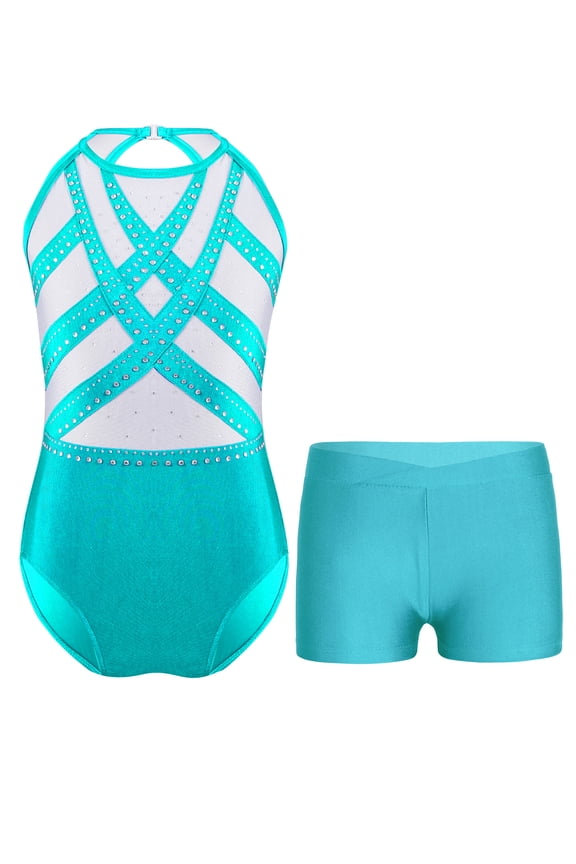 Girls Ballet Clothes Set Sleeveless Gymnastics Leotards With Shorts Dance Suit Dancewear Blue Green 12