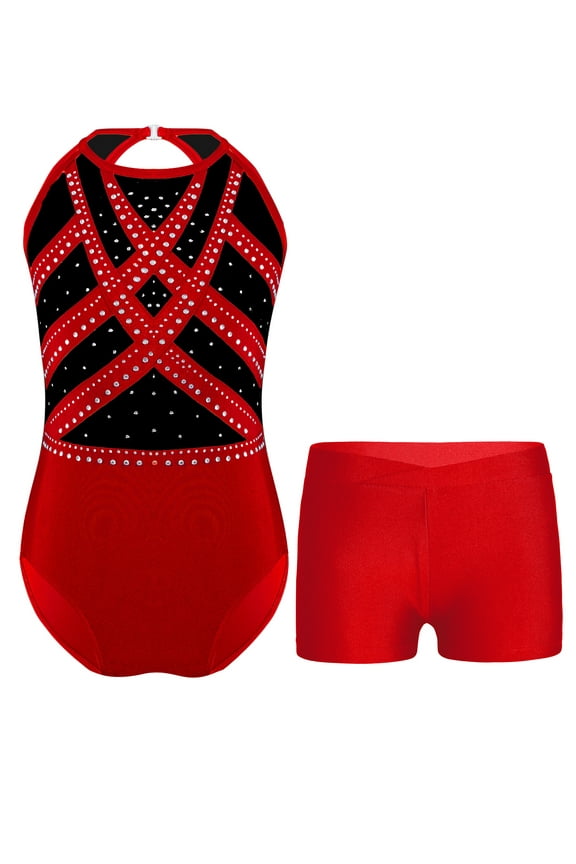 Girls Ballet Clothes Set Sleeveless Gymnastics Leotards With Shorts Dance Suit Dancewear Red 6