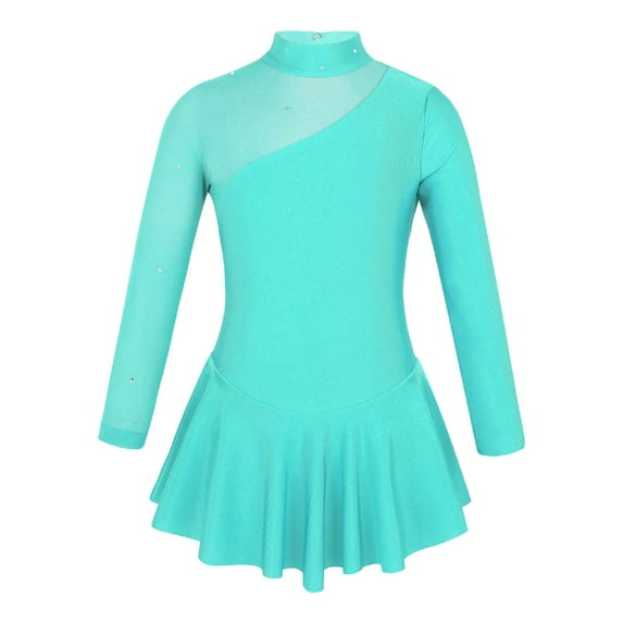 Manyakai Girls Figure Roller Ice Skating Leotard Dress Mesh Splice Long Sleeve Ballet Dance Outfit Mint Green 10