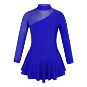 Manyakai Girls Figure Roller Ice Skating Leotard Dress Mesh Splice Long Sleeve Ballet Dance Outfit Royal Blue 4