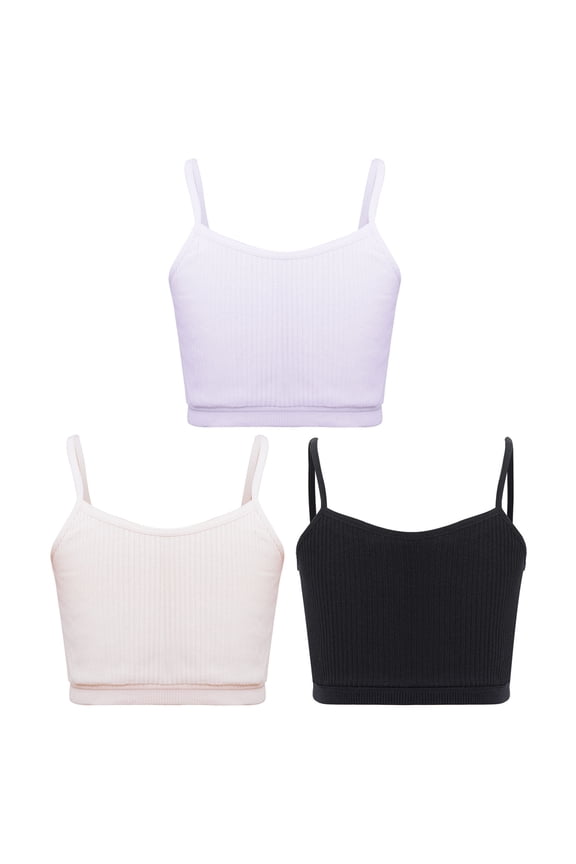 Girls Wireless Bras Spaghetti Straps Crop Top Ribbed Vest Gym Dance Fitness Camisole Black&Pink&Light Purple L