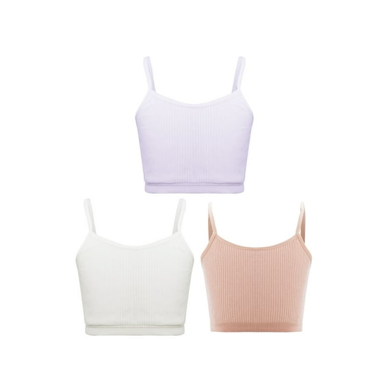 Manyakai Girls Wireless Bras Spaghetti Straps Crop Top Ribbed Vest Gym Dance Fitness Camisole White&Orange&Light Purple L