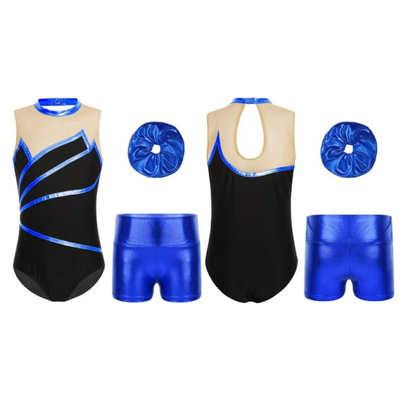 Manyakai Gymnastic Ballet Dance Outfit for Girls Sleeveless Metallic Leotard Bodysuit with Shorts Royal Blue 4