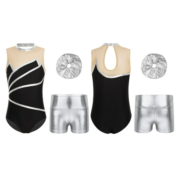 Manyakai Gymnastic Ballet Dance Outfit for Girls Sleeveless Metallic Leotard Bodysuit with Shorts Silver 10