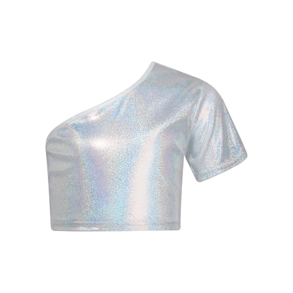Manyakai Jazz Hip-hop Dance Top for Girls Boys One Shoulder Metallic Crop Top T-Shirt Stage Silver 130