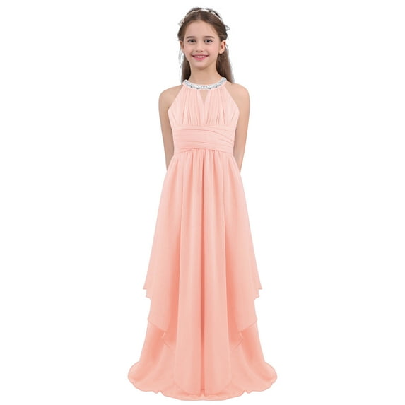 Manyakai Kids Big Girls Chiffon Sequined Halter Wedding Junior Bridesmaid Flower Girl Dress Long Maxi Light Pink 10