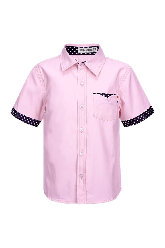 Kids Boys Casual Short Sleeve Dress Shirts Turndown Collar Button Closure Polka Dots Print Pink 150