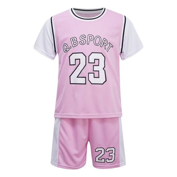 Manyakai Kids Boys Girls 2 Piece Basketball Outfits Athletic Jersey T-Shirt with Mesh Shorts Sports Pink 170