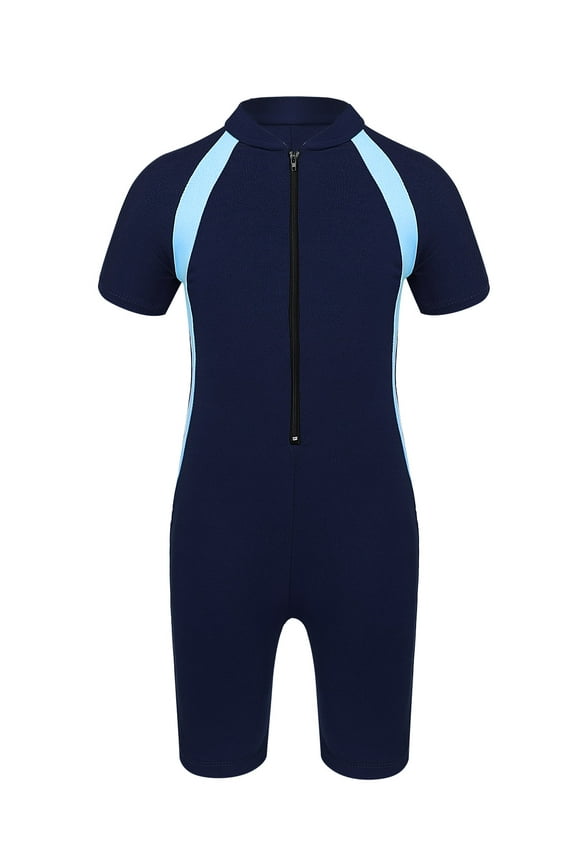 Kids Boys Girls One Piece Short Sleeve Shorty Wetsuit with Zipper Quick Dry Bathing Suit Navy Blue 8