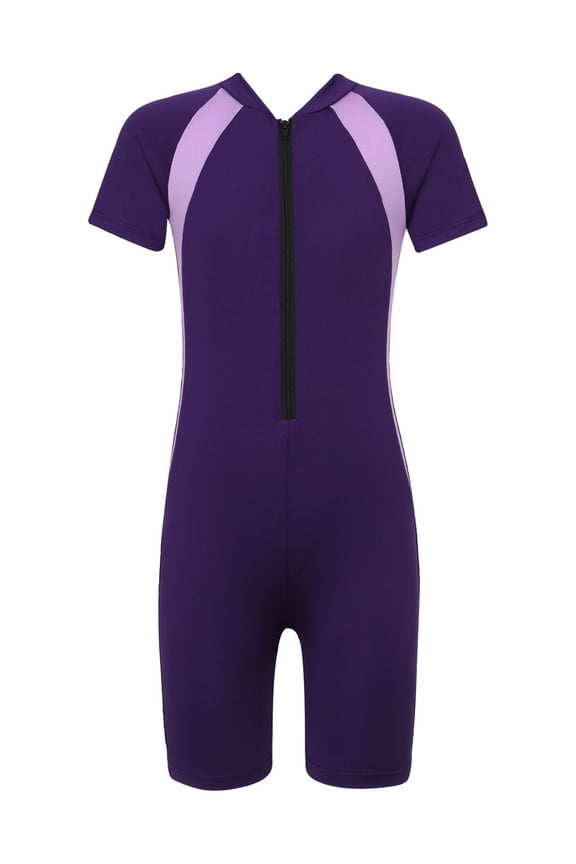 Kids Boys Girls One Piece Short Sleeve Shorty Wetsuit with Zipper Quick Dry Bathing Suit Purple 16