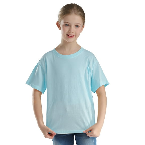 Manyakai Kids Boys Girls Short Sleeve 100% Cotton Lightweight T-Shirts Basic Round Neck Casual Tops Light Blue 160