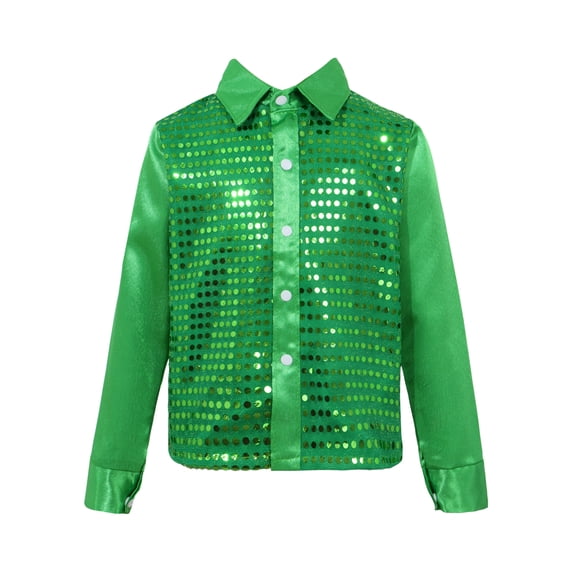 Manyakai Kids Boys Sequins Long Sleeve Button Down Shirt Jazz Hip Hop Street Dance Glitter Top Green 4-5