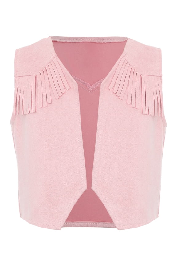 Kids Cowboy Cowgirl Costume Vest Halloween Carnival Sleeveless Open Front Tassel Waistcoat Pink 12