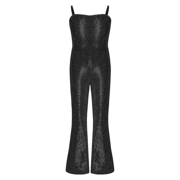 Manyakai Kids Disco Rave Costume Girls Sequins Dance Jumpsuit Full Length Leotard Adjustable Straps Black 10