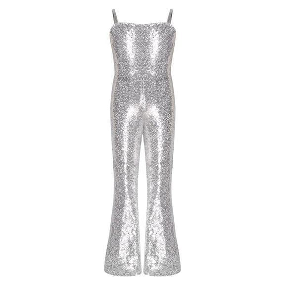 Manyakai Kids Disco Rave Costume Girls Sequins Dance Jumpsuit Full Length Leotard Adjustable Straps Silver 10
