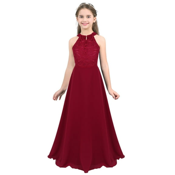 Manyakai Kids Girls Floral Lace Chiffon Sleeveless Bridesmaid Wedding Party Maxi Flower Girl Dress Burgundy 8