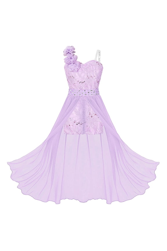 Kids Flower Girls One Shoulder Romper Dress Wedding Banquet Party Maxi Ball Gown Dancewear Lavender 14