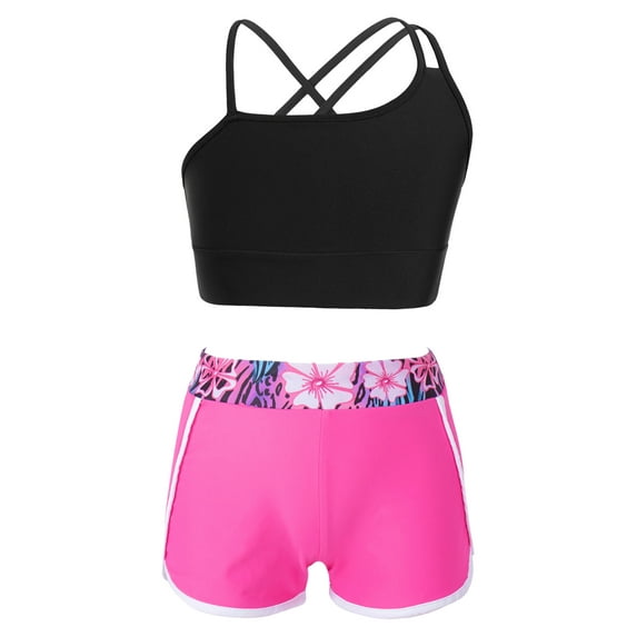 Manyakai Kids Girls 2 Piece Athletic Swimsuit Bathing Suit Crop Tank Top with Shorts Tankini Swimwear Gardenia Rose 8
