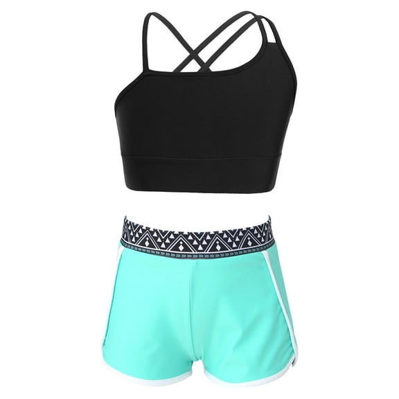 Manyakai Kids Girls 2 Piece Athletic Swimsuit Bathing Suit Crop Tank Top with Shorts Tankini Swimwear Geometric Black 12