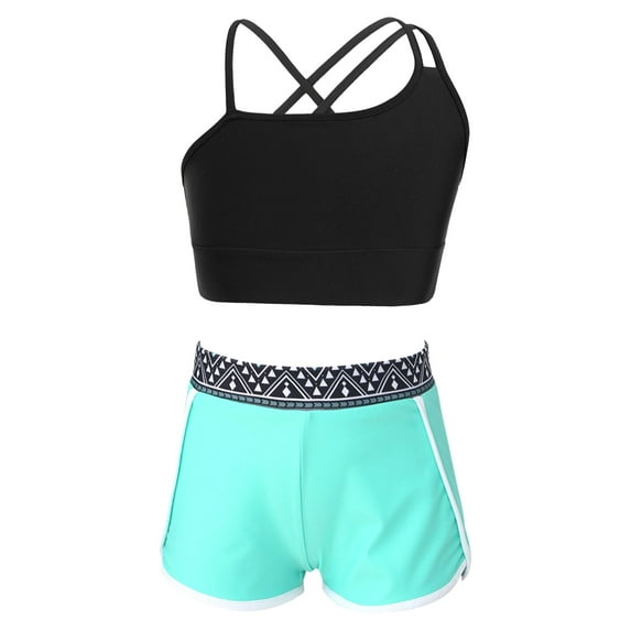Manyakai Kids Girls 2 Piece Athletic Swimsuit Bathing Suit Crop Tank Top with Shorts Tankini Swimwear Geometric Black 12