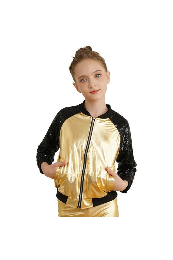 Kids Girls Boys Metallic Sequin Bomber Jacket Coat Zip Up Long Sleeve Top Jazz Dance Disco Gold 14