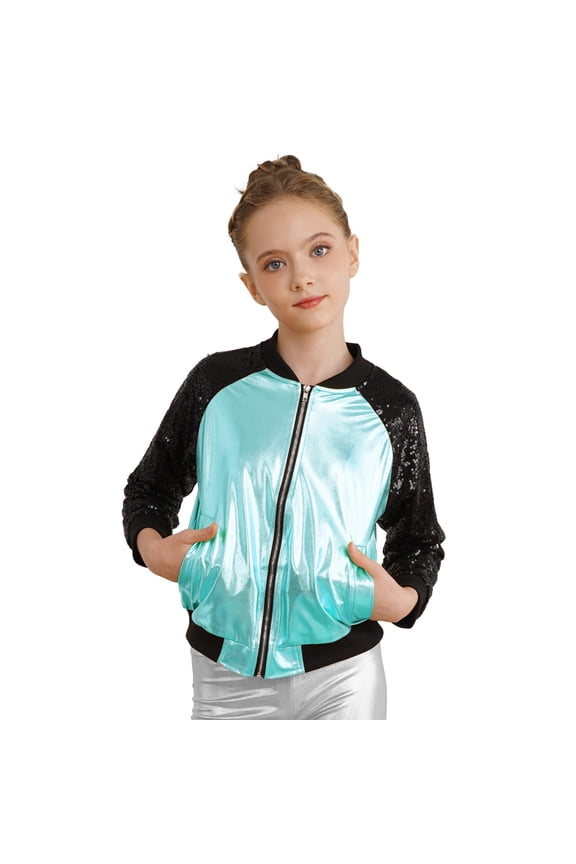 Kids Girls Boys Metallic Sequin Bomber Jacket Coat Zip Up Long Sleeve Top Jazz Dance Disco Lake Blue 6
