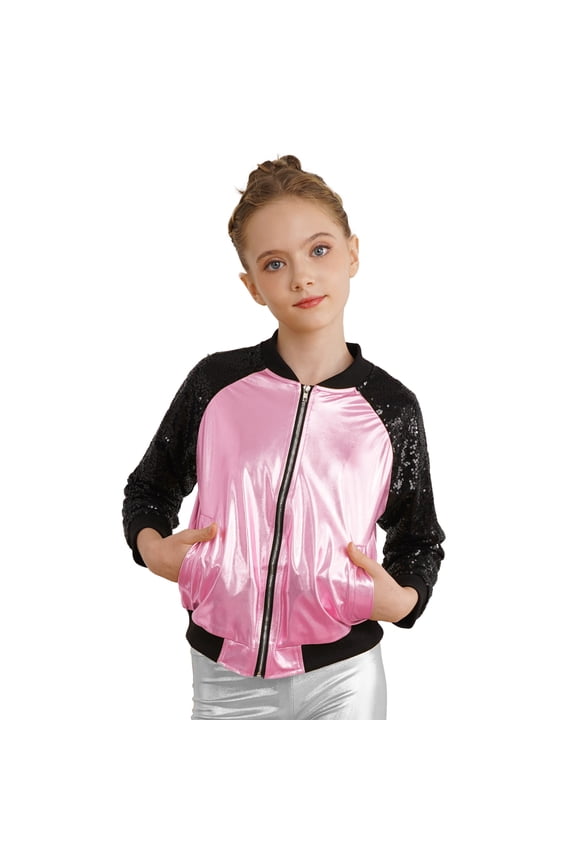 Kids Girls Boys Metallic Sequin Bomber Jacket Coat Zip Up Long Sleeve Top Jazz Dance Disco Pink 14