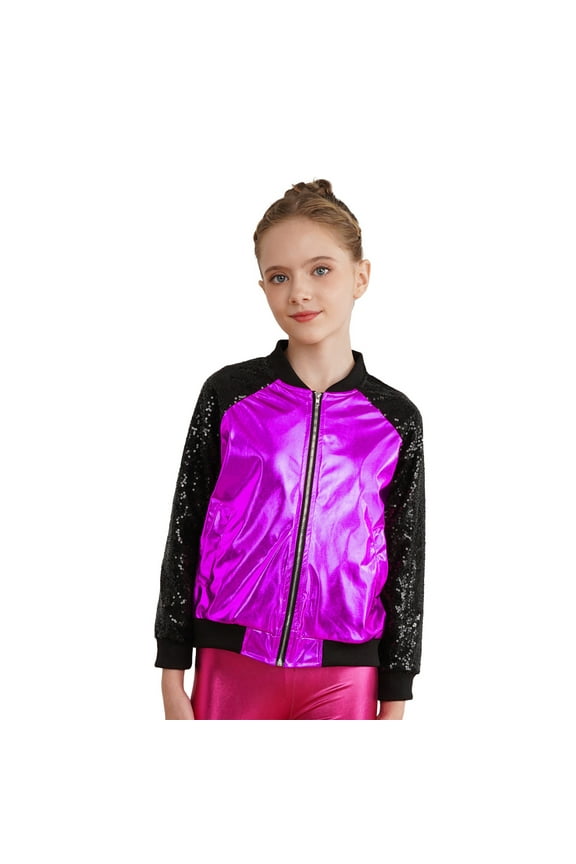 Kids Girls Boys Metallic Sequin Bomber Jacket Coat Zip Up Long Sleeve Top Jazz Dance Disco Purple 10