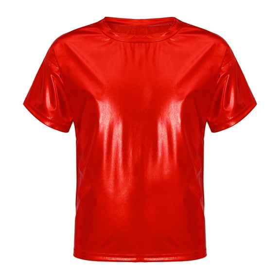 Manyakai Kids Girls Boys Shiny Metallic T-Shirt Short Sleeves Hip Hop Jazz Dance Performance Tees Red 100