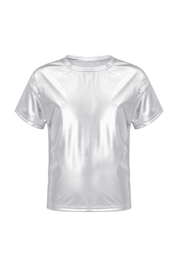 Kids Girls Boys Shiny Metallic T-Shirt Short Sleeves Hip Hop Jazz Dance Performance Tees Silver 120