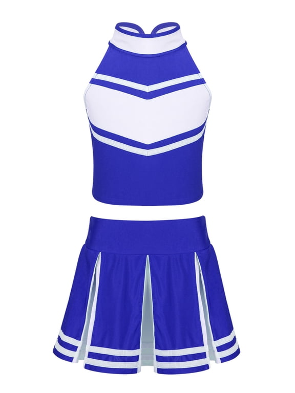 Kids Girls Cheer leader Costume Cheerleading Uniform Outfit Shell Tank Top with Pleated Blue&White 12