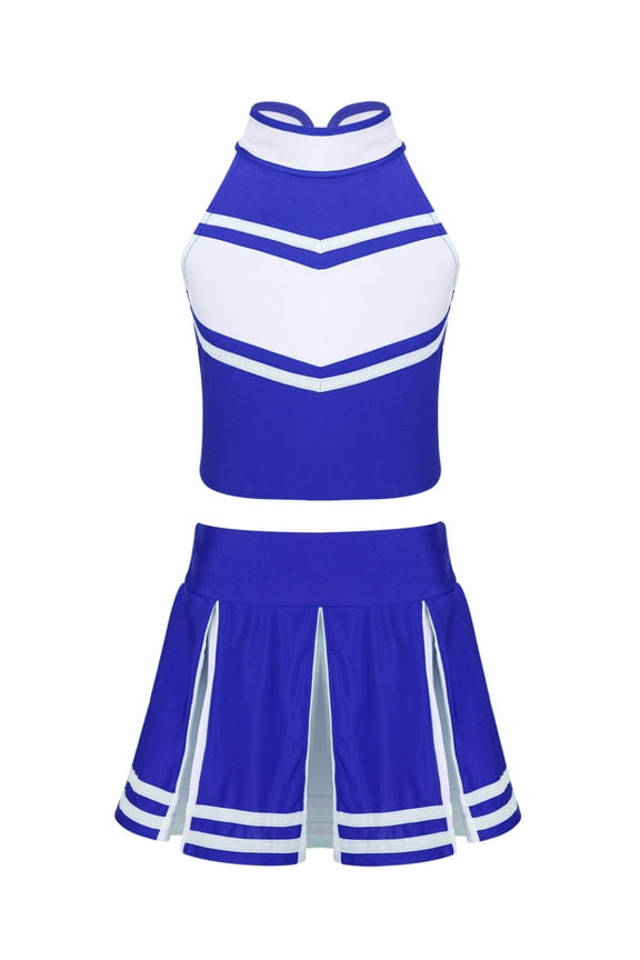 Kids Girls Cheer leader Costume Cheerleading Uniform Outfit Shell Tank Top with Pleated Blue&White 6