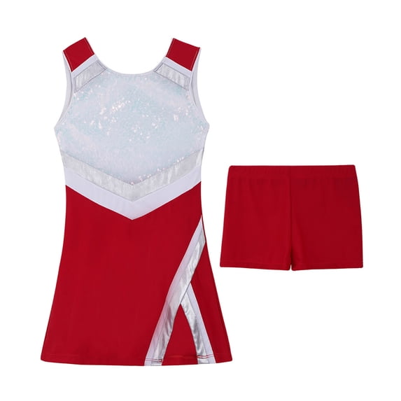 Manyakai Kids Girls Cheerleading Outfits with Shorts Sleeveless Sequins Sports Tennis Golf Dress Red 8
